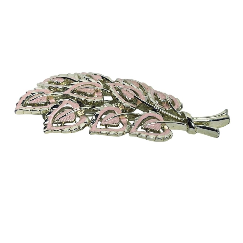Gold Tone & Pink Enamel Bouquet Brooch W/ Matching Clip On Earrings Set (5750) - Picture 7 of 10